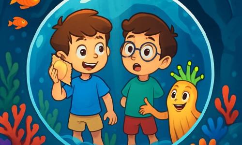Ci sono 2 personaggi principali: - Luca: un ragazzo di 10 anni con capelli castani e occhi pieni di curiosità. Indossa una maglietta blu e pantaloni corti beige, e tiene una conchiglia in mano. - Matteo: un ragazzo di 10 anni con capelli marroni e occhiali tondi. Indossa una maglietta verde e pantaloni corti rossi, e guarda meravigliato intorno a sé. I due amici sono affiancati, fluttuando in una bolla d'acqua trasparente sul fondo dell'oceano, circondati da pesci colorati e coralli brillanti. La scena si svolge in un fondale marino incantevole, pieno di coralli multicolori e pesci luminosi che nuotano in gruppo, con raggi di luce che filtrano attraverso l'acqua, creando un'atmosfera magica e misteriosa. La situazione principale mostra Luca e Matteo, stupiti, che scoprono un passaggio segreto in una grotta sottomarina, mentre una creatura marina amichevole, un polipo coronato, li accoglie con un sorriso caloroso, invitandoli a esplorare il regno sottomarino.