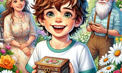 Un ragazzo di 9 anni, di nome Carlo, con capelli castani arruffati e occhi pieni di curiosità, tiene una piccola scatola di legno decorata con motivi delicati. Sorride ampiamente, traboccante di eccitazione e attesa, mentre si trova in un giardino fiorito, circondato da margherite bianche e rose colorate. Accanto a lui, sua madre, una donna di circa 35 anni con lunghi capelli castani e un sorriso caloroso, guarda la scatola con occhi brillanti di gioia. Indossa un vestito leggero dai colori pastello, con le braccia aperte, pronta ad abbracciare il figlio. Sullo sfondo, il nonno di Carlo, un uomo anziano con capelli bianchi e barba ben curata, è seduto su una sedia di legno, tenendo un libro. Sorride osservando la scena, aggiungendo un tocco di saggezza e tenerezza all'atmosfera. Il luogo è un giardino soleggiato, pieno di fiori vivaci e alberi frondosi, con un cielo blu chiaro punteggiato da alcune nuvole bianche. La luce del sole illumina la scena, creando un'atmosfera gioiosa e accogliente. La situazione principale mostra Carlo, con uno sguardo meravigliato, mentre apre la scatola per rivelare un antico diario e un medaglione, simboli d'amore e di ricordi familiari, mentre sua madre e suo nonno condividono un momento di felicità e connessione.