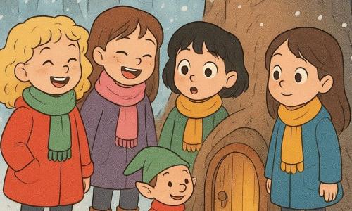 Hay 5 personajes: Una niña llamada Ana, de unos 7 años, con cabello rubio y rizado, lleva un abrigo rojo y una bufanda verde, está a la izquierda, sonriendo alegremente. Una niña llamada Lucía, de unos 7 años, con cabello castaño y liso, viste un abrigo azul y una bufanda amarilla, está a la derecha, mirando con asombro. Una niña llamada Marta, de unos 7 años, con cabello pelirrojo y pecas, lleva un abrigo violeta y una bufanda rosa, está en el centro, riendo. Una niña llamada Sofía, de unos 7 años, con cabello negro y corto, viste un abrigo verde y una bufanda naranja, está al lado de Marta, con los ojos muy abiertos de sorpresa. Un pequeño duende llamado Nico, con un sombrero puntiagudo verde, una chaqueta roja y zapatos marrones, está frente a una pequeña puerta de madera abierta, sonriendo cálidamente. El lugar es un rincón encantador del bosque, con grandes árboles cubiertos de nieve brillante, copos cayendo suavemente. En el suelo, una fina capa de nieve inmaculada está salpicada de pequeñas huellas. La situación principal muestra a las cuatro niñas descubriendo la casa del duende Nico. Están maravilladas por la pequeña puerta de madera abierta, iluminada por una suave luz dorada que emana del interior, creando una atmósfera mágica y acogedora.