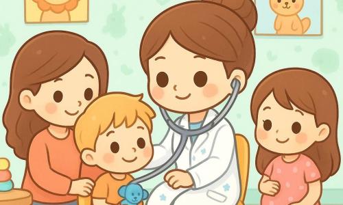 La protagonista è una dottoressa di circa 30 anni, viso rotondo, guance rosate, capelli castani raccolti, sorriso dolce, con un grande stetoscopio argentato e camice bianco a piccoli stelline blu che ascolta il cuore di un bambino; il bambino Marco, 4 anni, capelli biondi spettinati, naso leggermente arrossato, seduto su una piccola sedia gialla a sinistra, sorride tenendo un peluche blu; la madre di Marco, 30–35 anni, capelli castani lunghi, in piedi dietro la sedia con la mano sulla spalla del bambino e sguardo rassicurato; un'altra paziente, Lucia, 5 anni, vestito rosa a pois bianchi, seduta su un cuscino a destra, tiene la pancia facendo una smorfia prima di sorridere; ambientazione: sala d'attesa di un ambulatorio pediatrico colorata con pareti color menta e carta da parati con animali, poster educativi con animali sorridenti, tavolino di legno con giocattoli e tappeto tondo a tema stelle; scena calorosa e rassicurante, tutti sorridono, colori pastello e luce morbida.