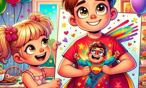 Un niño de 8 años, llamado Tomás, con cabello castaño y despeinado, sonríe con ojos brillantes de alegría. Lleva una camiseta roja con motivos de superhéroes y un pantalón corto de mezclilla. Tomás sostiene un gran dibujo colorido que representa a su papá como un superhéroe, con una gran sonrisa en el rostro. A su lado, su hermana pequeña Lucía, de 4 años, tiene cabello rubio con dos coletas. Ella lleva un vestido rosa con flores y sostiene un dibujo de su papá volando. Lo mira con admiración, con los ojos brillantes de emoción. Su mamá, una mujer de unos treinta años con cabello castaño y una sonrisa cálida, está ocupada preparando platos en la mesa. Lleva un delantal colorido y se encuentra detrás de una gran mesa decorada con guirnaldas y globos. La escena transcurre en una sala luminosa y alegre, llena de decoraciones para el Día del Padre. Globos flotan en el techo y un gran cartel colorido dice "Feliz Día del Padre". Tomás y Lucía están listos para sorprender a su papá con una fiesta llena de risas y amor, rodeados de colores vivos y un ambiente festivo.