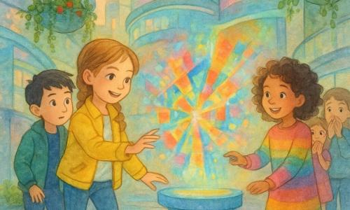 Lina, 8, smiling but focused with light-brown braided hair, yellow jacket and bright sneakers, reaches out to ask others to turn off a large hologram; Sam, about 8 with short black hair, stands left of her ready to help; Mia, about 9 with curly hair and a colorful outfit, presses a button at the screen and apologizes with a smile while three children behind her watch in astonishment with hands over their mouths; futuristic street corner with curving glass buildings, ribbon-like flexible screens, hanging planters, glowing blue floor patterns and reflective paving; central hologram is a vivid burst of rotating geometric shapes that Lina and Mia lower gently until the light becomes soft and golden; warm atmosphere, soft watercolor palette with neon accents, delicate lines and expressive faces.