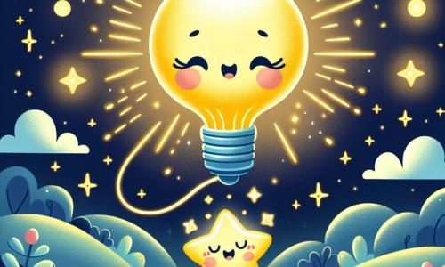 Una piccola lampadina di nome Luna, con un volto sorridente e occhi scintillanti, brilla al centro dell'immagine. Ha una forma rotonda e morbida, con colori gialli e dorati, illuminando l'ambiente con una luce calda. Luna sta danzando gioiosamente, i suoi raggi luminosi si estendono attorno a lei. Accanto a lei, una piccola stella scintillante, con braccia sottili e un sorriso radioso, fluttua nel cielo notturno. È di colore azzurro chiaro, con occhi brillanti e un'espressione amichevole, incoraggiando Luna a brillare ancora più forte. Lo sfondo è un cielo notturno pieno di stelle scintillanti, con una luna dolce e rotonda che illumina il paesaggio. In basso, si vedono dolci colline e fiori addormentati, creando un'atmosfera pacifica e magica. La scena principale mostra Luna che, dopo aver superato la sua paura del buio, si illumina di gioia, circondata da stelle che danzano attorno a lei, trasformando la notte buia in uno spettacolo luminoso e incantevole.