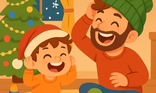 A 4-year-old boy named Max, with bright eyes and messy brown hair, is laughing heartily while wearing an oversized red hat. He sits on the floor surrounded by colorful toys, sporting a big joyful smile. Next to him is his dad, a man in his 30s with a soft beard and a large green wool hat, also laughing with his head thrown back as he tries to adjust his own hat. The scene takes place in a cozy home decorated for Christmas, featuring a sparkling tree with multicolored lights and golden garlands, while snowflakes gently fall outside through a window. Max and his dad are discovering the tricks of the elf Pip, who has hidden candies in their hot chocolate, causing bursts of laughter in this festive and joyful atmosphere.