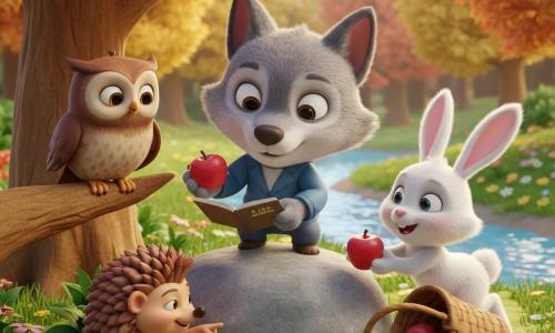 Lucas, um pequeno lobo antropomórfico cinza de rosto redondo, olhos grandes e curiosos e sorriso confiante, veste uma jaqueta azul e segura um caderno de detetive; agacha-se junto a uma pedra grande recolhendo maçãs brilhantes. Tico, um coelho branco e fofo de orelhas longas, ajuda estendendo uma maçã desde a direita perto de uma cesta de piquenique de vime virada. Zara, uma coruja marrom de olhos sábios, observa de um galho baixo de um grande carvalho, atenta e sorrindo. Óscar, um pequeno ouriço ruivo de espinhos arredondados, sentado diante da pedra, aponta uma pegada na lama com uma pata, com expressão marota. Local: uma clareira ensolarada com relva verde, flores e um ribeiro brilhando atrás da pedra. Situação: os amigos reencontram as maçãs caídas perto do ribeiro e celebram, atmosfera alegre, cores vivas, composição centrada na pedra e nas maçãs, perspectiva próxima e expressões claras para crianças pequenas.