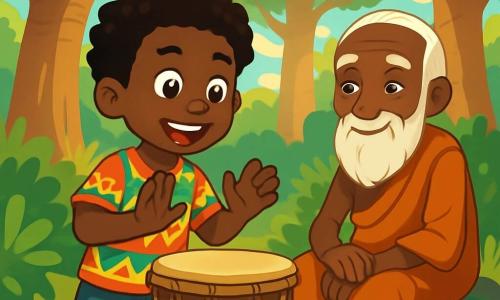 Kofi, um garoto de cerca de dez anos, com cabelos crespos e brilhantes, usa uma camiseta colorida e um short de tecido. Ele tem olhos curiosos e um sorriso radiante, enquanto está diante de um tambor antigo, com as mãos levantadas, pronto para tocar. Ao lado dele, o velho griot, um homem idoso com uma longa barba branca e rugas marcadas pelo tempo, observa com um olhar benevolente, sentado em uma pedra, cercado por folhas verdes. A cena acontece no coração de uma floresta exuberante, onde majestosos baobás se erguem em direção ao céu, e raios de sol filtram através da folhagem, criando sombras dançantes no chão. Kofi, encantado pela magia do tambor, está prestes a bater na pele, despertando assim os espíritos da floresta.