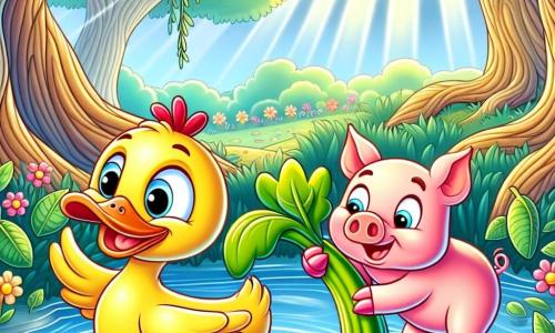 Um pato alegre chamado Quico, com plumagem amarela brilhante e um pequeno chapéu vermelho, nada em um lago cintilante, seus olhos brilhando de curiosidade e um grande sorriso no bico. Ao seu lado, um pequeno porquinho rosa chamado Tico, com grandes orelhas e um ar travesso, tenta puxar uma grande cenoura de um arbusto verde, equilibrando-se nas patas traseiras com determinação. Ao fundo, uma floresta encantada se ergue, cheia de árvores com troncos retorcidos, flores coloridas e raios de sol filtrando pelas folhas, criando uma atmosfera mágica. A cena mostra Quico e Tico se divertindo juntos, prontos para partir em uma aventura em busca de um tesouro escondido na floresta.
