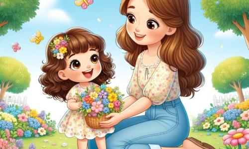 Una niña de 2 años, Luz, con grandes ojos brillantes y cabello rizado castaño, sonríe alegremente mientras sostiene un ramo de flores coloridas en sus pequeñas manos. Lleva un vestido ligero de flores y está sentada en un jardín soleado, rodeada de flores amarillas, rosas y azules. Junto a ella, su mamá, una mujer de unos 30 años con cabello largo y liso, vestida con una blusa ligera y pantalones de mezclilla, sonríe mirándola mientras sostiene una pequeña canasta llena de flores. Ambas están sentadas en la hierba verde, rodeadas de mariposas coloridas que vuelan a su alrededor. El jardín está lleno de flores brillantes, con un cielo azul claro y algunas nubes blancas. Los árboles con hojas verdes bordean el jardín, creando una atmósfera pacífica y alegre. En esta escena, Luz y su mamá se divierten recogiendo flores para decorar su casa, mientras las mariposas danzan a su alrededor, añadiendo magia a la primavera.