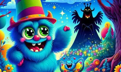 Al centro dell'immagine, Rumble, il mostro dei sogni, è un grande essere dal pelo blu brillante, con grandi occhi verdi scintillanti di gioia. Indossa un cappello a cilindro colorato e mostra un ampio sorriso, ridendo a crepapelle mentre racconta una barzelletta ai suoi amici. Accanto a lui, Poppy, una piccola farfalla dalle ali multicolori, volteggia allegramente nell'aria, scoppiando in risate e lanciando glitter scintillanti intorno a sé. Sullo sfondo, il Re delle Ombre, un personaggio misterioso con una silhouette scura e occhi brillanti, siede sul suo trono, ridendo di cuore, circondato da ombre danzanti. La scena si svolge nella Valle dei Fiori Strampalati, un paesaggio incantevole pieno di fiori dai colori vivaci che sbocciano sotto un cielo blu brillante. Alberi dai tronchi contorti e foglie scintillanti creano un'atmosfera magica, mentre nuvole a forma di creature buffe fluttuano nel cielo. La situazione principale mostra Rumble, con un'aria birichina, che racconta una barzelletta al Re delle Ombre, che ride a crepapelle, mentre Poppy volteggia intorno a loro, creando un'atmosfera di gioia e magia.