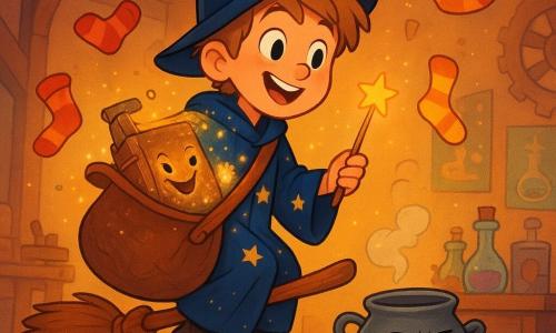 Een jonge toverjongen van ongeveer 9–11 jaar, glimlachend en verwonderd, warrig lichtbruin haar, in een lange nachtblauwe sterrenrobe en puntmuts, zit op een oude gepolijste houten bezem en houdt een tas vol glinsterende magische voorwerpen; Muisje, een klein mokje dat sip maar aandoenlijk is (levend object), staat naast de bezem en geeft zachte stoom af terwijl het de jongen half trotse, half geamuseerde blik toewerpt; Grimm, een oud ondeugend grimoire met gebarsten lederen band en fonkelende pagina’s, steekt uit de tas en toont lichtgevende hoeken alsof het stil lacht; kleurrijke dansende sokken (rood, geel, gestreept) tollen om hen heen; decor: bovenkant van een feeën-Fablab bij schemering met houten werkbanken, glinsterende flesjes, koperen tandwielen en een kleine spiegelende plas die het licht opvangt; hoofdscène: een vrolijke, licht chaotische vlucht met vonkjes, zwevende stoffen en levende magische voorwerpen, warme kleuren, sterke contrasten, ronde lijnen en zachte illustratieve stijl, compositie gericht op de jongen en zijn bewegende tas.