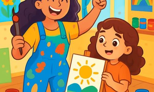 A joyful woman, Lila, is at the center of the image, with long curly hair and a bright, beaming smile. She is wearing a colorful overalls splattered with paint and holding a paintbrush in one hand while raising the other in encouragement. Next to her is a little girl, Rosie, about 8 years old, with curly brown hair and sparkling eyes of excitement, looking at a small painting she just created, a proud smile on her face. Their studio is bright and welcoming, with large windows letting in sunlight, walls covered with vibrant paintings, and shelves filled with colorful paint pots. Paint splatters decorate the light wooden floor, adding a touch of magic to the environment. The scene shows Lila and Rosie creating together, surrounded by bright colors, as they share a moment of joy and artistic learning. Lila encourages Rosie, who admires her own masterpiece, while a ray of sunlight illuminates their work, symbolizing creativity and friendship.