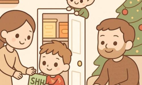 A tender, playful Christmas scene: a 4-year-old boy with round bright eyes, a shy smile and short light brown hair in a red reindeer pajama carefully sticks a small green “SHH” note inside a white pantry door with visible shelves and colorful cereal boxes while a mischievous but gentle 20 cm non-human elf in a pointed red hat and green jacket with gold buttons sits on the living room doorway frame watching; the boy’s smiling mother (30–35, brown hair tied, comfortable dress) stands beside him with an outstretched hand to help and the laughing father (30–35, light beard, wool sweater) sits on the sofa behind; warm Christmas living room with a decorated tree, golden garlands, red baubles, twinkling warm lights, soft rug and shelves with cookies; centered composition, soft warm palette (red, green, gold), kawaii-minimal style with simple large shapes and exaggerated expressions.