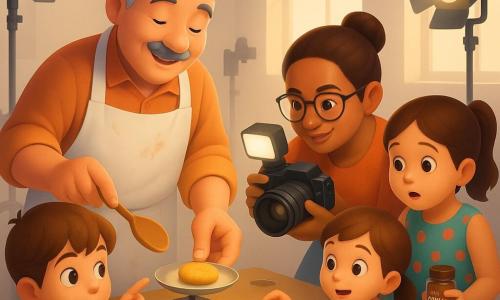 Chef Milo, smiling and kind, round face with a thin mustache and short gray hair, wearing a flour-stained white apron, holds a wooden spoon and places a golden cookie on a small shiny plate; Lina, a photographer in her 30s with brown hair in a bun and round glasses, crouches with a large black camera and soft flash aimed at the plate, focused smile; Sam, about 7, chestnut hair and curious eyes in a striped T-shirt, points at the dial of a shiny silver scale; Ana, about 6, hair in a ponytail and a polka-dot dress, holds a jar of cinnamon behind the baking tray, amazed; bright studio with white walls, large windows letting in warm light, tripod lights and a light-wood table with ceramic bowls, spice jars, a cookie tray, the scale and a folded blue towel; Milo demonstrates weighing and sharing a cookie for the photo as soft light hits the central plate, flour crumbs and a pinch of cinnamon are visible and the camera flashes while the children watch attentively; visual style warm colors, soft textures, subtle shadows and crisp details like flour, silver reflections and wood grain.