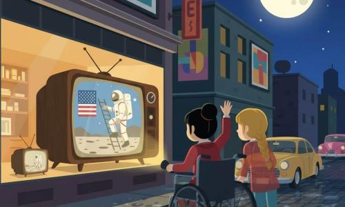 Two translucent girls, about 12: Lucy, blond braids, khaki jacket and jeans, holding a small flashlight in her right hand, slightly left and gazing in wonder at a shop window screen; Jade, black hair in a bun, red jacket, seated in a metal wheelchair to Lucy’s right, looking at the street TV and raising a hand as if to salute the Moon. The scene is a retro 1969 urban street after rain with shiny cobblestone sidewalks, large wood-framed TV displays in shop windows showing the first Moon landing, colorful billboards, rounded chrome vintage cars, and a deep night sky with a very bright Moon and stars; warm screen light reflects on their faces, composition centered on the window with the Moon at the top right.