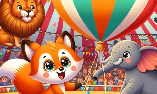Un pequeño zorro de pelaje naranja brillante y cola esponjosa, con grandes ojos chispeantes de curiosidad, baila alegremente alrededor de un gran globo colorido, mostrando una amplia sonrisa. Cerca, un majestuoso león, el domador de animales, con una melena dorada y una mirada orgullosa, observa con aire de orgullo y admiración, mientras anima a los elefantes. El escenario se desarrolla en un circo brillante, lleno de carpas a rayas rojas y amarillas, luces centelleantes y un público entusiasta que aplaude. En el centro del escenario, elefantes grises, con grandes orejas, intentan subirse al globo, mostrando en sus rostros una combinación de emoción y nerviosismo. La situación principal muestra al zorro animando a los elefantes a divertirse bailando alrededor del globo, creando una atmósfera de alegría y camaradería en el circo.
