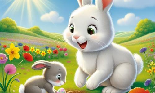 Un pequeño conejo blanco llamado Bruno, con grandes orejas suaves y ojos brillantes de alegría, está saltando alegremente a través de un campo de flores coloridas. Tiene una sonrisa radiante en su rostro, y sus patas apenas tocan el suelo. A su lado, su mamá, una coneja de pelaje ligeramente gris y ojos cariñosos, está plantando semillas en la tierra, mirando a su pequeño con orgullo. El campo está lleno de flores brillantes: amapolas rojas, narcisos amarillos y acianos, en un paisaje verde bajo un cielo azul claro salpicado de nubes blancas y esponjosas. La luz del sol ilumina la escena, creando una atmósfera alegre y primaveral. Bruno, emocionado, descubre un huevo colorido escondido en la hierba, añadiendo un toque de magia a este momento de felicidad compartida entre madre e hijo.