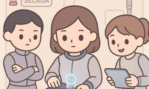 Lina, mulher adulta, ao centro com rosto concentrado e suave e olhos brilhantes, veste traje espacial cinza com bordas azuis e toca delicadamente uma pequena caixa escura que vibra, postura cuidadosa e protetora; a capitã Sato, à esquerda, de porte firme, cabelo muito curto e uniforme cinza, braços cruzados e olhar vigilante para a caixa; Nara, jovem adulta à direita, sorriso curioso, tablet luminoso na mão e rabo de cavalo curto, inclinada para ajudar; Kiro é uma pequena interface holográfica azul-pálida com ícones sorridentes acima da caixa; a caixa fosca preta tem um rebaixo circular no topo e emite um fraco halo magnético violeta e uma nota musical visível como ondas; interior de um vagão espacial com paredes metálicas lisas, alças, painéis luminosos, placa 