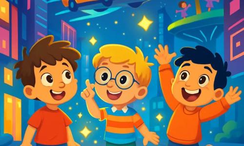 Es gibt drei Charaktere: Max, ein 5-jähriger Junge mit zerzausten braunen Haaren und funkelnden Augen, trägt ein rotes T-Shirt und eine blaue Shorts und schaut fasziniert auf die Lichtstrahlen um ihn herum. Leo, ein 5-jähriger Junge mit blonden Haaren und runden Brillen, trägt ein bunt gestreiftes Hemd und grüne Hosen. Er lächelt fröhlich und zeigt auf einen Lichtfleck. Ben, ein 5-jähriger Junge mit schwarzen Haaren und Sommersprossen, trägt einen orangefarbenen Sweatshirt und Jeans. Er springt vor Freude mit erhobenen Armen in die Luft. Die drei Freunde stehen zusammen im Zentrum einer belebten Straße in Glitzerstadt, umgeben von futuristischen Gebäuden mit funkelnden Fassaden, die von bunten Neonlichtern beleuchtet werden. Über ihnen fliegen Autos und hinterlassen leuchtende Spuren. Im Hintergrund sorgen schwebende Parks mit Bäumen und spielenden Kindern für eine fröhliche, magische Atmosphäre. Die Hauptsituation der Geschichte zeigt die drei Freunde, die fasziniert die Magie von Glitzerstadt entdecken, während sie sich darauf vorbereiten, in einen Lichtschimmer eines fliegenden Taxis zu steigen, das sie auf ein Abenteuer mitnehmen wird.