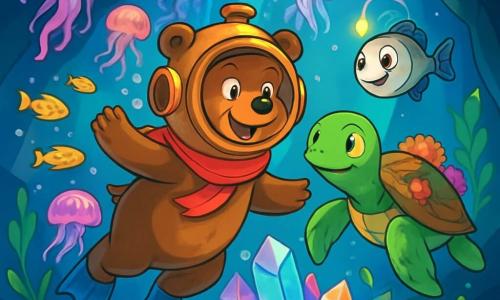Barnaby, a brown bear with sparkling eyes and a delighted smile, joyfully swims underwater, wearing an old diving helmet and a red scarf floating around his neck. He explores a vibrant underwater world, surrounded by shimmering fish and glowing jellyfish dancing around him, his webbed paws flailing with excitement. Next to him, Old Shell, a wise sea turtle with a shell adorned with colorful corals, swims slowly, displaying a kind and encouraging expression. Just behind them, Midnight, a small lanternfish with a silver body and a bright light on its head, flits about enthusiastically, illuminating their path in the depths. The setting is a magnificent underwater cave filled with sparkling crystals reflecting rainbow colors on the walls, while seaweed gently sways with the currents. The scene exudes an atmosphere of adventure and magic, with rays of light filtering through the water, creating a fairy-tale spectacle. In this main situation, Barnaby and his friends discover the beauty of the underwater kingdom, swimming together towards the Great Crystal Cave, where sparkling wonders await them, filled with awe and curiosity.