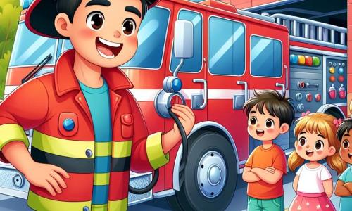 Ein lächelnder Feuerwehrmann, ein Mann in seinen Dreißigern, trägt eine glänzende rote Jacke und einen schwarzen Helm. Seine Augen funkeln vor Freude, während er stolz sein großes Feuerwehrfahrzeug zeigt. Neben ihm steht eine Gruppe von vier Kindern, zwei Jungen und zwei Mädchen im Alter von 6 bis 8 Jahren, die fasziniert zuschauen. Die Jungen, einer mit blonden und der andere mit braunen Haaren, tragen bunte T-Shirts. Die Mädchen, eines mit Zöpfen und das andere mit einem Zopf, sind in lebhaften Röcken gekleidet. Sie stehen nahe am Fahrzeug, mit großen Augen, gespannt darauf zu lernen. Die Szene spielt vor einer Feuerwehrstation, einem leuchtend roten Gebäude mit weißen Türen und einer großen Leiter, die in den blauen Himmel ragt. Grüne Bäume umgeben die Station, und ein sonniger Himmel erhellt die gesamte Szene. Der Feuerwehrmann erklärt den Kindern, wie das Fahrzeug funktioniert, während ein Alarm ertönt, was eine Atmosphäre von Aufregung und Abenteuer schafft. Die Kinder sind fasziniert und bereit, die faszinierende Welt der Feuerwehr zu entdecken.
