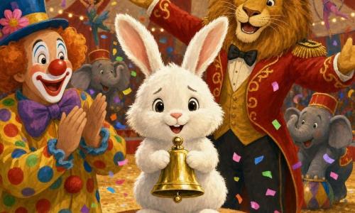 A realistic small white plush rabbit with fluffy long ears and shiny round eyes looks happy and slightly nervous, holding a gleaming golden bell with its front paws; to the left a clown named Chuckles with a painted smiling face, round red nose and colorful polka-dot costume applauds and tosses confetti; behind the rabbit, slightly back, a large lion dressed as ringmaster with a neat golden mane and ornate red coat smiles warmly with arms raised to present the scene; in the background, miniature elephants in red hats and silhouetted acrobats blur in motion for depth; the setting is the interior of a red-and-white striped circus tent with a beige sawdust floor, warm string lights and colorful banners; the main scene shows the rabbit ringing the bright bell on a small wooden stool under a warm spotlight, surrounded by confetti and bursts of color in a joyful, magical atmosphere.