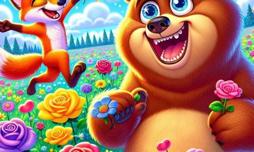 Bruno, ein junger brauner Bär mit funkelnden Augen und weichem, seidigem Fell, steht im Zentrum einer weiten blühenden Wiese und zeigt ein breites, staunendes Lächeln. Er ist von leuchtenden Blumen in lebhaften Farben umgeben, die im leichten Wind tanzen. An seiner Seite springt Finn, ein kleiner, feuriger Fuchs mit schelmischen Augen, fröhlich umher und zeigt große Aufregung mit seinem aufgerichteten, buschigen Schwanz. Er hält eine bunte Feder in seiner Pfote, bereit, sie Bruno zu geben. Der Himmel ist strahlend blau, mit Wolken in Form lächelnder Gesichter, während ein schimmernder Regenbogen in der Ferne die Szene magisch ergänzt. Die Hauptsituation zeigt Bruno und Finn, die gemeinsam die Wunder des Königreichs der Emotionen entdecken, umgeben von bunten und fröhlichen Überraschungen, die die Freude und das Staunen einer schönen Freundschaft symbolisieren.