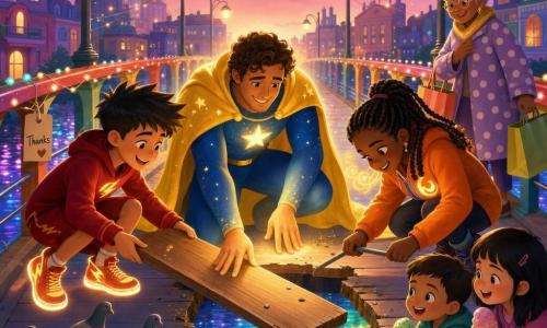 A radiant, reassuring man, Captain Lumen, with curly brown hair, a yellow starry cape and sparkly blue suit, gently illuminates a broken wooden plank on a glowing rainbow bridge over the Glitter River as a warm golden light guides a repair; to his left Bolt Boy, a spirited 10-year-old in red and glowing sneakers, runs holding a plank ready to stabilize the bridge, and to his right Ember, an 11-year-old girl with braided hair and an orange jacket, concentrates as she bends a metal bar back into place; an elderly woman with gray hair in a bun watches relieved from the far end, two younger children sit at the edge with ice creams looking admiringly, and small details like cookie crumbs, spilled birdseed and a 