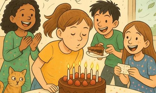 Een levendige verjaardagscene: een 12-jarig meisje met paardenstaart blaast zachtjes een rij kleine kaarsjes uit op een chocoladetaart met aardbeien; links staat Noor (12) in kleurrijke kleding te klappen, met glitters op haar mouwen; rechts probeert Jayden (12) met donker haar en los veter een wegglijd stuk taart te vangen, komische blik; achter de tafel staat Rami (12) in een groen T-shirt met een guitige blik en een houten molentje; bij de deur Lotte (12) in een gebloemde jurk met glitters op haar wangen, lachend en toont een papiertje met gecodeerde woorden; de kat Pinda, gestreept karamelbont, zit op een stoel met limonadevlekken rond de bek en een schuldbewuste blik; warme feestelijke woonkamer met licht houten vloer, confetti-tafelkleed, regenboogslingers en zwevende ballonnen, een open raam met een lichte bries; het centrale taart glimt van glazuur, naast de taart liggen een klein codepapiertje en een maanveer, kinderen hebben kruimels en room op hun lippen, vrolijke, kleurrijke sfeer.