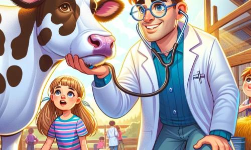 Weterynarz, doktor Marcin, jest uśmiechnięty i serdeczny, z niechlujnymi brązowymi włosami i okrągłymi okularami, które lekko zsuwają się z nosa. Nosi biały fartuch i trzyma stetoskop, pochylając się z życzliwością nad dużą, cętkowaną krową, Malwinką, która wydaje się spokojna i uważna. Obok niego stoi 8-letnia dziewczynka, Ania, z długimi blond włosami w kolorowej sukience, trzymająca łapę krowy z wyrazem ekscytacji i ciekawości. 7-letni chłopiec, Karol, z kasztanowymi włosami i w pasiastym t-shircie, delikatnie głaszcze głowę Malwinki, z zachwytem na twarzy. Scena rozgrywa się w jasnej stajni na farmie, z rustykalnymi drewnianymi ścianami, porozrzucanymi snopkami siana i promieniami słońca wpadającymi przez okna. Główna sytuacja pokazuje doktora Marcina sprawdzającego zdrowie Malwinki za pomocą stetoskopu, podczas gdy Ania i Karol obserwują go z podziwem, tworząc atmosferę troski i nauki.