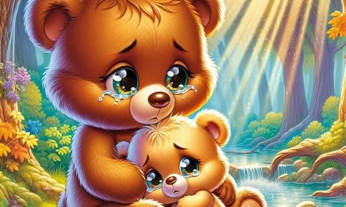 Un pequeño oso de peluche llamado Nico, con un suave pelaje marrón y ojos redondos y brillantes, está de pie sobre sus patas traseras, con una expresión de tristeza y curiosidad. Mira hacia el cielo, con lágrimas en los ojos, sosteniendo una pequeña flor amarilla en sus patas delanteras. A su lado, su hermana mayor, una osa de pelaje crema y ojos reconfortantes, lo abraza, mostrando una sonrisa dulce y apacible, mientras le susurra palabras de consuelo. El escenario es un hermoso bosque verde, con majestuosos árboles de hojas doradas, un arroyo brillante cercano y rayos de sol filtrándose entre las ramas. La escena muestra a Nico y su hermana compartiendo un momento de ternura, recordando los dulces recuerdos de su abuelo, rodeados de la reconfortante belleza de la naturaleza.