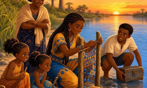 Amina, joven, arrodillada al borde del río, sonriente y concentrada, ata una pequeña tapicería colorida a dos postes de madera; Nana Kadi, anciana, detrás a la izquierda, la observa y guía; Bakari, adolescente, agachado a la derecha, sostiene una vieja caja metálica recogida del agua; Fanta y Mariam, dos niñas, curiosas y risueñas, sujetan ramitas al frente a la izquierda. La orilla: arena parda clara, hierbas oliva, piedras mojadas y troncos de baobab; cielo de atardecer color mango con reflejos azules y naranjas en el agua. Escena comunitaria de limpieza y ordenación de la ribera: cuelgan una tapicería de hilos y cuentas azules y colocan una calabaza con ranura para promesas. Ambiente visual de colores cálidos y contrastes (ocre, azul cielo, verde oliva), texturas de tejido y madera, luz suave del ocaso, composición centrada en Amina y la tapicería, estilo claro, infantil y moderno con trazos definidos y formas redondeadas.