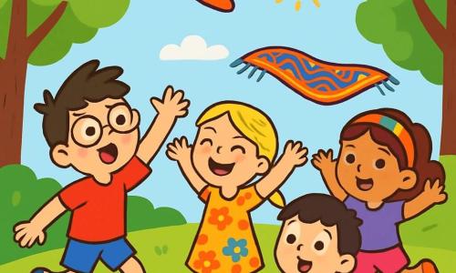 Hay 4 niños: - Lucas: un niño de 8 años con cabello castaño desordenado y gafas redondas. Lleva una camiseta roja y un pantalón corto azul, y está estirando la mano hacia un sombrero colorido que flota en el aire. - Ana: una niña de 7 años con largas trenzas rubias y una sonrisa brillante. Lleva un vestido de flores y está al lado de Lucas, con los brazos levantados riendo. - Mateo: un niño de 8 años con cabello negro y pecas en la cara. Lleva una camiseta verde y pantalones cortos, y está sentado en una alfombra voladora, con los ojos abiertos de asombro. - Sofía: una niña de 6 años con cabello castaño rizado y una diadema colorida. Lleva una camiseta morada y un pantalón corto rosa, y está bailando sobre la alfombra, con los brazos en el aire. El lugar es un parque soleado, lleno de árboles majestuosos y flores multicolores. En el centro, una alfombra voladora flota en el aire, mientras un sombrero con rayas de arcoíris está colgado de una rama, listo para ser rescatado. La situación principal muestra a los cuatro amigos en una aventura, corriendo y riendo mientras intentan salvar el sombrero mágico que se ha volado. Sus rostros están llenos de emoción y alegría, creando una atmósfera de magia y camaradería.