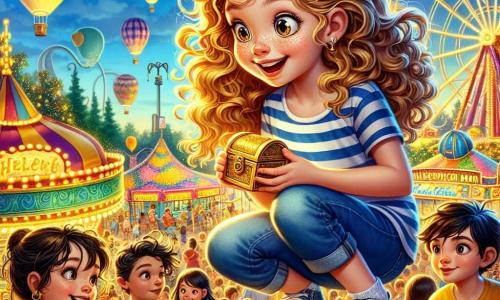 Clara, una niña de 11 años con cabello rizado y dorado, y ojos llenos de curiosidad, está en la cima de una montaña de juegos colorida. Lleva una camiseta a rayas y un short de mezclilla, y su rostro refleja una emoción palpable mientras sostiene un pequeño cofre dorado. A su lado, Lucas, un niño de 12 años con cabello castaño desordenado y una sonrisa traviesa, observa el cofre con asombro, con los brazos cruzados sobre el pecho. Valeria, una niña de 11 años con cabello largo y negro, vestida con un vestido de flores, se inclina hacia adelante, intrigada, mirando atentamente el cofre. El lugar es una feria animada, llena de colores vivos, con atracciones brillantes y luces parpadeantes. En el fondo, niños ríen y juegan, mientras globos flotan en el cielo azul. La situación principal muestra a Clara y sus amigos descubriendo un tesoro escondido en la cima de la montaña de juegos, simbolizando su aventura como pequeños investigadores, rodeados de una atmósfera festiva y mágica.