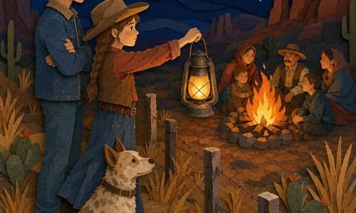Młoda cowgirl ok. 13 lat, piegowata, brązowe włosy w warkoczu, zdecydowany łagodny wyraz twarzy, nieśmiały uśmiech, trzyma starą zardzewiałą metalową latarnię dającą ciepłe światło; chłopak ok. 16 lat, krótkie włosy, zakurzona jeansowa kurtka, skupiony i pełen szacunku, stoi obok ze skrzyżowanymi rękami; stara suka Mela, beżowe cętkowane futro, siedzi u stóp dziewczynki, postawne uszy, brudny pyszczek, zużyta skórzana obroża; sceneria: pustynna granica prerii z wysokimi złotymi trawami, kaktusami i czerwonymi skałami, duże kamienne kręgi tworzą ognisko z pomarańczowo-żółtym ogniem; atmosfera: głęboka gwiaździsta noc, indygo niebo, latarnia i ogień tworzą wyraźne kontrasty i ostre cienie; akcja: dziewczynka wyciąga latarnię jako symbol pokoju w stronę rodzin przy ognisku, chłopak jej towarzyszy, stoją po przeciwnych stronach granicy w spokojnych, pojednawczych gestach; styl graficzny: proste wyraźne formy, nakładające się tekstury papieru, ciepłe kolory dla ognia i latarni, zimne tony dla nieba i tła, widoczne kontury jak wycięte nożyczkami.