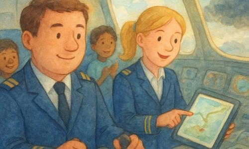 Ein etwa 40-jähriger Pilot mit rundem Gesicht, kurzen kastanienbraunen Haaren, konzentriert-ruhigem Lächeln und Händen am Steuer, in dunkelblauer Pilotenjacke mit goldenen Epauletten; eine etwa 30-jährige Co-Pilotin mit blondem Pferdeschwanz und vertrauenerweckendem Gesicht steht neben dem rechten Sitz und zeigt auf die Flugkarte auf einer Tablet, sie weist die neue Route; hinter ihnen sitzen gemischte Passagiere (Jungen und Mädchen), einige klatschen leise, dankbare Gesichter; heller Cockpit-Innenraum mit großen Rundinstrumenten, bunten Bildschirmen und Panoramafenstern, blauer Himmel und fluffige weiße Wolken, goldenes Sonnenlicht durch die Kanzel; das Flugzeug umgeht am Horizont eine dunkle Sturmwolke, der Pilot hält ruhig den Kurs, die Co-Pilotin korrigiert die Flugbahn, ruhige Teamstimmung und vertrauensvolle, beruhigende Szenerie in sanften Aquarellfarben.