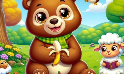 In the center of the image, Benny the Bear, a brown bear with sparkling joyful eyes, is sitting on the green grass of the park, a big smile on his face. He holds a banana in one paw and looks at his friends enthusiastically. To his right, Lily the Sheep, a small white ewe with soft curls, is cutting a piece of her carrot cake, her expression joyful and friendly. She wears a pretty pink ribbon around her neck. To Benny's left, Omar the Owl, a brown-feathered owl with large round eyes, reads a book passionately. His gaze is serious yet kind, perched on a tree branch above the others. The park is vibrant, filled with colorful flowers, majestic trees, and lush green grass. The sky is blue with fluffy white clouds, and the sun shines, creating a warm and welcoming atmosphere. The scene shows Benny and his friends enjoying a joyful picnic, surrounded by their homemade dishes while listening to Omar's story. The atmosphere is filled with laughter and camaraderie, illustrating the beauty of diversity and friendship.