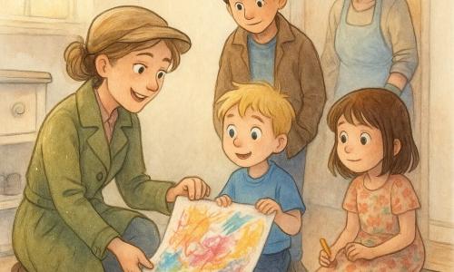 Een glimlachende en geconcentreerde vrouwelijke detective (Vera) met lichtbruin haar in een lage knot en een licht olijfgroen jasje knielt voor een kleine witte schoenenkast en trekt zacht een groot kleurrijk tekenvel met vette potloodstreken en aquarelvlekken onder de kast vandaan; een jongetje (Sam, ca. 6) met kort blond haar en een verwonderd rond gezicht houdt een lege blauwe blouse naast haar en kijkt naar het gevonden vel; een jongen (Tom, ca. 9) met gebruinde huid en warrig bruin haar kijkt verlegen over Vera’s schouder, handen in de zakken, schuldbewust maar opgelucht; een buurvrouw (Lotte, ca. 40) met lichtgrijs opgestoken haar staat achterin de gang met vuile tuinhandschoenen en lacht nerveus; een meisje (Emma, ca. 7) zit op een klein bankje in een bloemenjurk met kleurpotloden en kijkt nieuwsgierig; de lichte intieme gang heeft een lichte houten vloer, verspreide schoenen en laarzen, een kleurrijk dierenkleed en een raam met warm zonlicht — sfeer van opluchting en verbondenheid, zachte kleuren, compositie gericht op het gevonden vel en de verwonderde gezichten