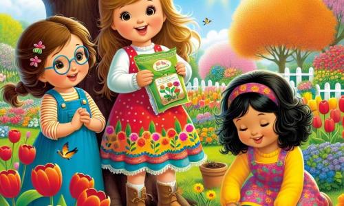 Drie kleine meisjes, Lina, Emma en Noor, van vier jaar oud, zijn samengekomen in een bloeiende tuin. Lina, met bruin haar en een ronde bril, staat bij een grote boom met een zakje zaden. Emma, met blond, krullend haar, zit op de grond en tekent een mooi patroon met bloemen. Noor, met zwart haar en een kleurrijke jurk, verstopt zich achter een struik en glimlacht vrolijk. De tuin is gevuld met heldere bloemen: rode tulpen, gele narcissen en paarse viooltjes. De lucht is blauw met enkele witte wolken, en de zon schijnt, wat het landschap verlicht. Vogels zingen in de bomen en bijen zoemen rond de bloemen. De drie vriendinnen zijn van plan om bloemenzaadjes in de tuin te zaaien, enthousiast om hun mooie bloemen te zien groeien. Ze lachen en moedigen elkaar aan, wat een vrolijke en levendige sfeer creëert, een symbool van de lente.