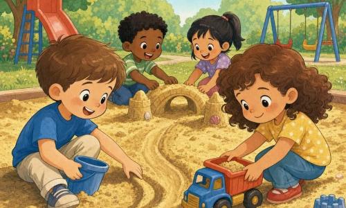 A smiling, curious 4-year-old boy named Leo with short brown hair, wearing a blue shirt and light pants, sits in golden sand holding a small plastic bucket as if digging, while 4-year-old Anya, with curly chestnut hair and red shoes, gently smiles and pushes a toy dump truck along the sandy path beside him; two other children of similar age and diverse ethnicities laugh and build a sand bridge in the background in a sunny morning park with a red slide, blue swings, green trees and a pastel sky, the scene warm, inclusive and cooperative.