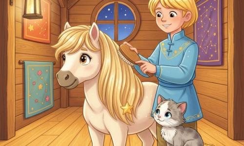 Un tânăr prinț de circa 10 ani, zâmbitor, păr blond tăiat drept, îmbrăcat într-o tunică albastru-ciel cu broderii de stele aurii, ține o perie din stejar și periază încet coama unui ponei; poneiul Luminiță, mic și robust, blană ivoriu-aurie ușor sclipitoare, coamă lungă cu o mică stea căzută, calm și cu ochi plini de recunoștință plasat în centru; o pisicuță pe nume Puf, mică și mătăsoasă, blană gri-perlă cu pete albe, stă pe o balotă de paie, curioasă, cu capul înclinat spre perie; totul într-un mic hambar cald din lemn deschis, podea lucioasă din scânduri, grinzi aparente, tapiserii brodate cu constelații și o fereastră rotundă deschisă spre un cer înstelat, scenă concentrată și cozì, luminată de o lanternă caldă în timp ce prințul periază cu blândețe pentru a încălzi și a învia mica stea.