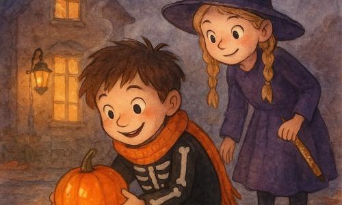 Mats, een 8‑jarige jongen, glimlacht verwonderd en ondeugend in een zwart skeletkostuum met een grote feloranje wollen sjaal en warrig bruin haar; hij hurkt om een kleine ronde pompoen op te rapen die aan een verfrommeld briefje hangt; Noor, ook 8, kijkt nieuwsgierig en guitig, draagt een paars heksenpak met een scheef hoedje en twee blonde vlechten, staat rechts achter Mats en houdt een stok in de vorm van een glinsterend potlood; op de achtergrond het huis van de oude bibliothecaresse met een groot verlicht raam, natte oranje en bruine bladeren op het trottoir en een lantaarn aan de veranda die zacht licht geeft; het is herfstschemering met een donker lavendelachtig hemel en glinstering van recent regen; Mats ontdekt de pompoen met een briefje waarop staat dat een lantaarn haar licht heeft verloren en houdt hem voorzichtig met beide handen terwijl het raam- en lantaarnlicht op de glanzende schil weerkaatst en Noor over zijn schouder kijkt, klaar voor avontuur.