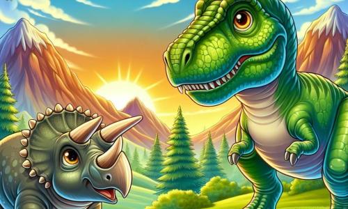 Ein majestätischer Tyrannosaurus Rex mit glänzend grünen Schuppen und neugierigen Augen steht auf einem Hügel und blickt mit einer Mischung aus Staunen und Aufregung in die Ferne. Neben ihm beobachtet ein Triceratops mit einem Kopf, der von drei Hörnern geschmückt ist, seinen Freund aufmerksam und ist bereit, ihn auf dem Abenteuer zu begleiten. Die Szenerie ist eine lebendige prähistorische Landschaft mit majestätischen Bergen im Hintergrund, riesigen Bäumen mit üppigem Laub und einem blauen Himmel, der mit weißen, fluffigen Wolken gesprenkelt ist. Die Szene spielt bei Sonnenaufgang, wo die ersten goldenen Strahlen die Landschaft erleuchten und eine magische Atmosphäre schaffen. In dieser Illustration stehen der Tyrannosaurus Rex und der Triceratops zusammen, bereit, die Geheimnisse der Berge zu erkunden, während ein geheimnisvolles Geräusch in der Ferne ertönt und sie dazu anregt, ins Unbekannte vorzudringen.