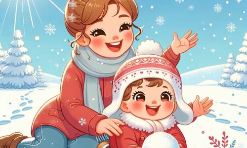 Una niña de 1 año, con mejillas rosas y ojos brillantes, lleva una chaqueta roja y un gorro de lana. Está tumbada en la nieve, riendo a carcajadas, con copos de nieve cayendo a su alrededor. A su lado, su mamá, una mujer de unos 30 años, con el cabello castaño recogido en un moño y una sonrisa cálida, está haciendo una gran bola de nieve. Están en un parque invernal, donde los árboles están cubiertos de nieve brillante y el cielo es de un azul intenso. La escena muestra la alegría del invierno, con huellas en la nieve y un sol radiante iluminando el paisaje.