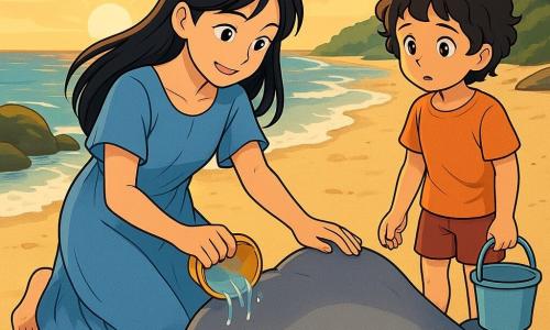 A young woman named Sayo, with long black hair, stands on a golden sandy beach, her face lit up by a smile of hope and empathy. She wears a light blue linen dress, gently flowing in the wind, as she kneels beside a stranded dolphin, her eyes shining with determination and kindness. A few steps away, her sister Megumi, a 10-year-old girl with short curly hair, watches with a mix of concern and admiration. She holds a bucket of water, ready to help, her eyes sparkling with curiosity. The setting is a peaceful beach at sunrise, with gentle waves lapping at the shore, moss-covered rocks, and majestic pines in the background, their needles glistening in the first rays of sunlight. The main scene shows Sayo, focused and caring, pouring seawater over the dolphin while the cool wind lightly lifts her dress. She murmurs comforting words to the dolphin, determined to return it to the sea, while Megumi prepares to assist her, creating an atmosphere of solidarity and tenderness.