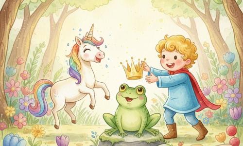 A smiling, awed 6-year-old blond curly-haired prince in a sky-blue velvet robe with a small red cape reaches to place a sparkling crown on a small round emerald-green frog king wearing an oversized golden crown; to the prince's left, a cream-coated unicorn named Bubbles with a flowing rainbow mane and playful eyes skips, dew glinting on its muzzle. They stand in an enchanted clearing with tall grasses, colorful flowers, twisted trees with glowing leaves, a few red and purple giggleberry bushes and golden sunbeams. Main scene: the prince crowns the frog king while the unicorn applauds and all three laugh together; cheerful warm mood, soft colors with clear contrasts, watercolor textures and light splatters for energy.