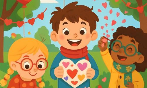 There are 3 characters: Milo: An 8-year-old boy with messy brown hair and a big smile. He is wearing a red scarf and a blue sweater, standing in the center holding a paper heart decorated with colorful drawings. Lily: A 7-year-old girl with braided blonde hair and pink glasses. She is wearing a red polka dot dress and striped tights, to the left of Milo, sticking heart-shaped stickers on a card. Sunny: An 8-year-old girl with curly hair and green glasses. She is wearing a yellow coat and a frog-patterned scarf, to the right of Milo, holding a pack of heart-shaped confetti, ready to throw it. The setting is a bright and cheerful park filled with heart-shaped balloons floating in the blue sky. Green-leaved trees surround a large table full of colorful cakes and cupcakes. Children are playing around, and heart garlands decorate the branches. The main scene shows the three friends preparing Valentine's cards. Milo, with a big smile, displays his decorated card, while Lily and Sunny are about to throw heart-shaped confetti into the air, creating a shower of sparkling colors around them.
