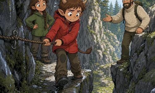 Personaggio principale: un bambino fantastico con piccole corna a cucchiaio e coda corta, viso rotondo, sopracciglia aggrottate poi sollevate, espressione tra paura e orgoglio, capelli castani corti, giacca impermeabile rossa e pantaloni da trekking marroni, tiene una corda ruvida e posa cautamente un piede su una pietra bagnata; Personaggio secondario: Giada, coetanea con capelli lunghi intrecciati e sorriso malizioso ma incoraggiante, giacca verde, dietro di lui sul sentiero con le mani sui fianchi; Personaggio secondario: un guardiano adulto barbuto con maglione di lana color ecrù, volto calmo e rassicurante, dall’altra parte della traversata con la mano tesa come a indicare la via; Luogo: passaggio di montagna stretto tra rocce grigie umide, muschi scuri, gocce d’acqua, corda fissata alla parete e sotto un leggero vuoto con erbe e sassi, cielo chiaro filtrato dai pini; Situazione: il ragazzo attraversa una breve trave esposta con la corda, una pietra scivolosa lo fa vacillare ma respira profondamente e procede, luce morbida del mattino, atmosfera tesa ma piena di speranza.