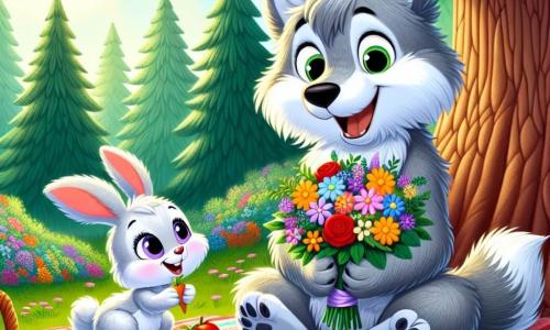 Wolli, ein kleiner Wolf mit grauem Fell und funkelnden Augen, sitzt auf einer bunten Decke unter einem majestätischen Baum. Er lächelt breit und hält einen schönen Strauß aus bunten Blumen, den er gerade für seinen Papa gepflückt hat. Neben ihm springt Hoppel, ein kleiner Hase mit großen Ohren und weißem Fell, vor Freude herum, seine Augen strahlen vor Aufregung. Er hält eine Karotte in seinen Vorderpfoten und scheint bereit, einen Moment des Glücks zu teilen. Der Ort ist ein wunderschöner Waldpark, gefüllt mit großen Bäumen mit leuchtend grünen Blättern, bunten Wildblumen und sanftem Sonnenlicht, das durch die Äste filtert. Die Hauptsituation zeigt Wolli und Hoppel, die ein Überraschungs-Picknick für Wollis Papa vorbereiten, mit köstlichen Speisen, die auf der Decke ausgebreitet sind, während der Papa-Wolf mit einem breiten Lächeln näher kommt, überrascht und erfreut über diese schöne Überraschung.