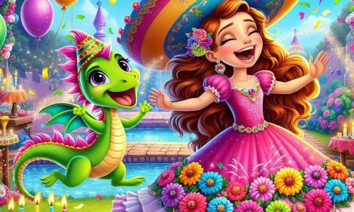 La princesa Lila, una niña de unos 10 años, tiene largos cabellos ondulados de color castaño y lleva un vestido rosa brillante adornado con flores multicolores. Se ríe a carcajadas, su rostro radiante de alegría, mientras baila con un gran sombrero de fiesta en la cabeza, lleno de confeti. A su lado, Chispa, un pequeño dragón verde brillante con alas centelleantes, vuela en círculos alrededor de ella, emitiendo gritos alegres como un pajarito. Está haciendo piruetas en el aire, añadiendo un toque de magia a la escena. El decorado es un jardín encantador, lleno de flores coloridas, árboles danzantes y ríos cantores. Globos flotan en el cielo azul, y un gran pastel de chocolate se encuentra en una mesa decorada con guirnaldas. La situación principal muestra a la princesa Lila y Chispa en plena celebración, rodeados de risas y baile, mientras organizan una gran fiesta para compartir la alegría y la magia del reino de Risaville.