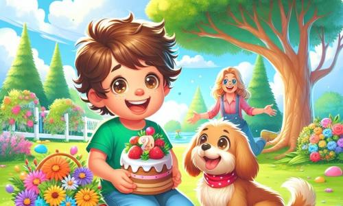 Un niño pequeño de 4 años, Lucas, con cabello castaño despeinado y grandes ojos brillantes de alegría, está sentado en una gran hoja verde bajo un árbol. Sonríe ampliamente, sosteniendo una pequeña cesta llena de flores coloridas y pasteles. A su lado, su fiel perro Max, un pequeño perro de pelaje dorado, mueve la cola con entusiasmo, mirando a Lucas con ojos llenos de amor. En el fondo, la mamá de Lucas, una mujer de unos 30 años con cabello largo y castaño, se acerca con una sonrisa emocionada, con los brazos abiertos para recibir a su hijo y a su perro. El lugar es un parque soleado, con árboles majestuosos, flores vibrantes y un cielo azul claro salpicado de nubes blancas. La escena muestra el momento mágico en que Lucas y Max sorprenden a la mamá con un picnic especial por el Día de la Madre, lleno de risas y amor.